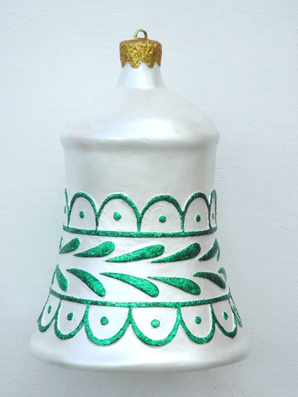 Christmas Decor Bell White with Green Trim