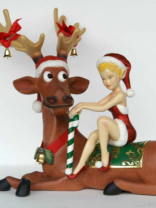 Lady Elf Sitting on Funny Reindeer