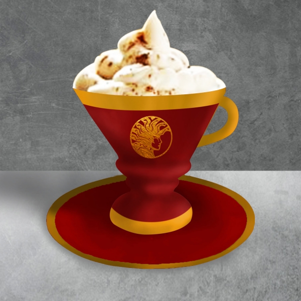 RED CUP WITH CREAM AND SAUCER
