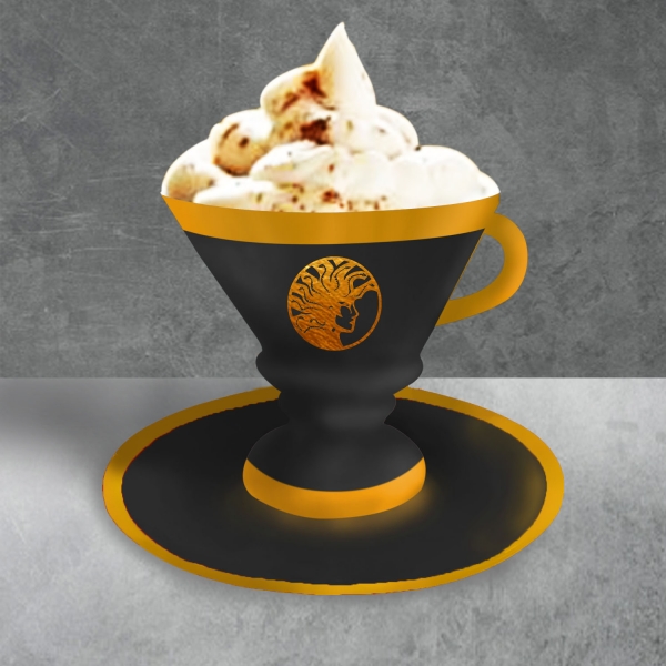 BLACK CUP WITH CREAM AND SAUCER